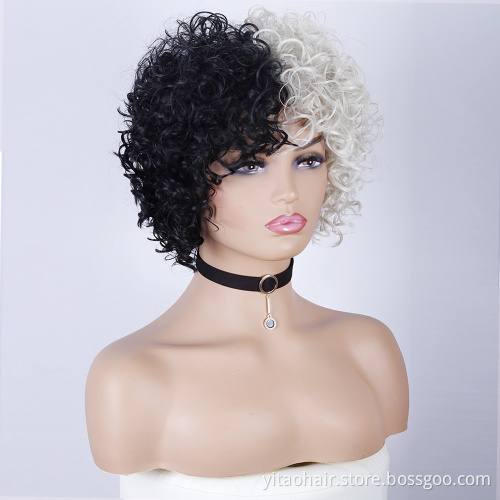Wholesale Golden and Black Wigs Short Kinky Curly Synthetic Women's Hair Two-Color Half-Black Half-Gold Wig Cosplay Party
